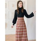 Set: Lantern-sleeve Sweater + Plaid Midi A-line Skirt