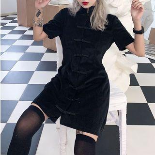 Knot Button Short-sleeve Shirt Dress Black - One Size