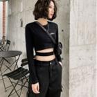 Long-sleeve Letter Printed Cutout Cropped Top