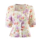 Elbow-sleeve Floral Print Square Neck Blouse