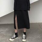 Side-slit Midi A-line Skirt Black - One Size