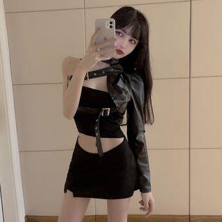 One-shoulder Cropped Faux Leather Jacket / Tube Top / Side-slit Skort / Set