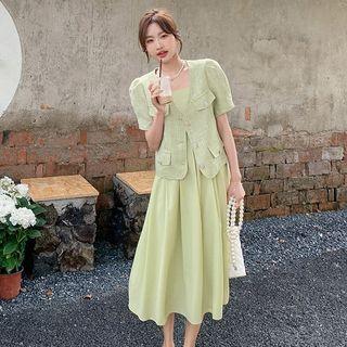 Set: Spaghetti-strap Midi A-line Dress + Elbow-sleeve Tweed Jacket