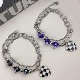 Heart Checker Glass Bead Stainless Steel Bracelet