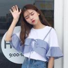 Mock Two Piece Striped Panel Elbow Sleeve T-shirt
