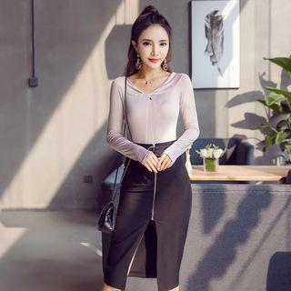 Set: Long-sleeve V-neck Top + Zip-front Mini Skirt