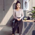 Set: Long-sleeve V-neck Top + Zip-front Mini Skirt