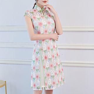 Floral Print Short Sleeve Lace Qipao