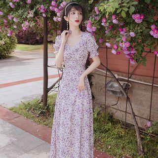 Puff-sleeve Floral Print A-line Maxi Dress