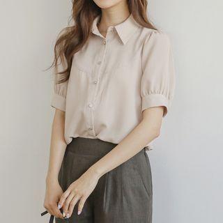 Puff-sleeve Seam-trim Chiffon Blouse