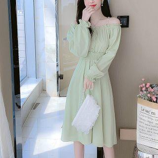 Long-sleeve Off-shoulder Midi Smock Dress