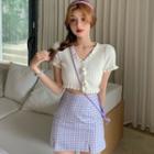 Short-sleeve Cropped Rib Knit Cardigan / Plaid Mini Pencil Skirt