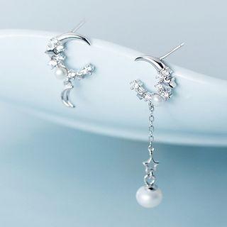 925 Sterling Silver Non-matching Moon & Star Faux Pearl Dangle Earring 1 Pair - S925 Sterling Silver - Silver - One Size