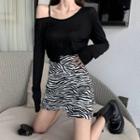 Cold-shoulder Long-sleeve T-shirt / Zebra Asymmetric Skirt