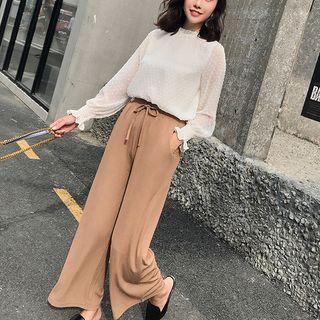 Set: Dotted Blouse + Knitted Wide-leg Pants
