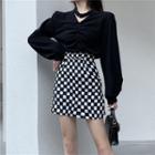 Shirred Sweatshirt / Checkerboard A-line Mini Skirt