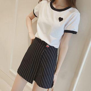 Set: Heart Embroidered Tipped Short Sleeve T-shirt + Striped A-line Skirt