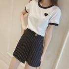 Set: Heart Embroidered Tipped Short Sleeve T-shirt + Striped A-line Skirt