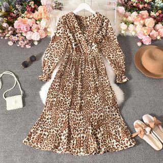 Long-sleeve Leopard Print A-line Dress Leopard - One Size