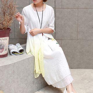 Set: Printed Tank Dress + Plain Elbow Sleeve Long Light Coat