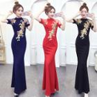 Sequined Short-sleeve Sheath Evening Gown