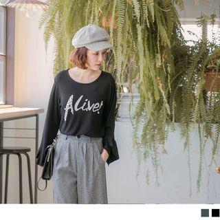 Beaded Lettering Ruffled Sleeve T-shirt