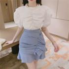 Balloon-sleeve Shirred Blouse / Ruffled Shirred A-line Skirt