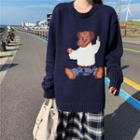 Bear Loose-fit Sweater / Plaid Midi Skirt