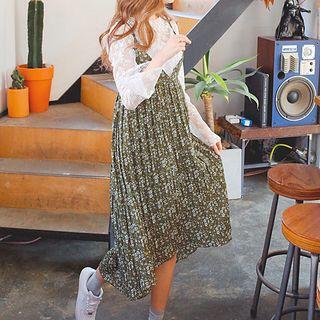 Set: Long Sleeve Lace Top + Floral Print Spaghetti Strap Dress