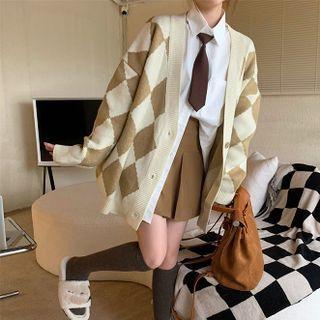 Plain Long-sleeve Shirt / Argyle Long-sleeve Cardigan / High-waist A-line Mini Skirt
