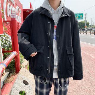 Front Pocket Drawstring Hem Button Zip Jacket