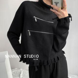 Zipper-front High-neck Fringed Sweater Black - One Size