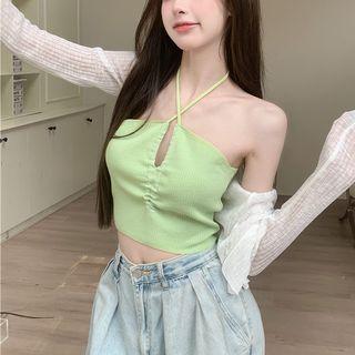 Halter-neck Keyhole Top / Ribbed Cardigan