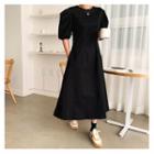 Puff-sleeve A-line Long Dress Black - One Size
