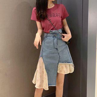 Set: Short-sleeve T-shirt + Asymmetric Denim Skirt