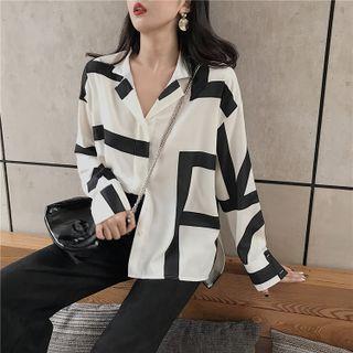 Long-sleeve V-neck Asymmetrical Striped Shirt