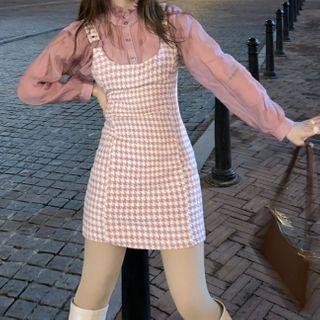 Long-sleeve Mesh Shirt / Houndstooth Mini A-line Pinafore Dress
