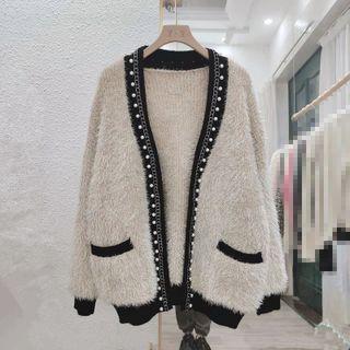 Contrast Trim Faux Pearl Cardigan