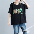 Elbow-sleeve Applique Lettering T-shirt Black - One Size