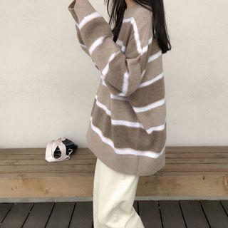 Round-neck Striped Knit Sweater Coffee - One Size