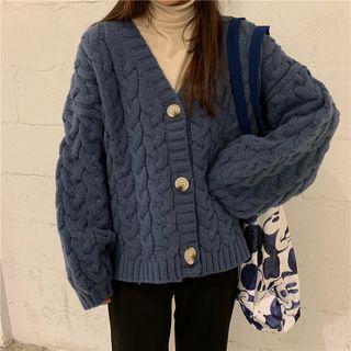 V-neck Plain Cable Knit Cardigan