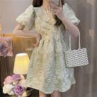 Puff-sleeve Floral Frog Buttoned A-line Dress