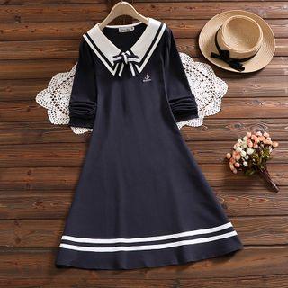 Long-sleeve Sailor Collar Bow Accent Midi Dress