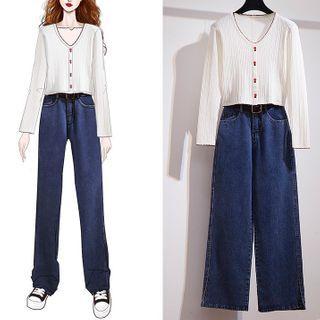 V-neck Knit Top / Wide Leg Jeans / Set G