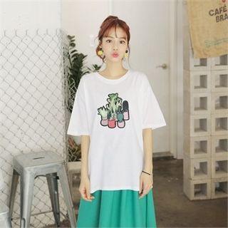 Elbow-sleeve Embroidered-patch T-shirt