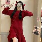 Long-sleeve Plain Knit Mini A-line Dress Red - One Size