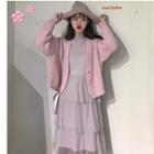 Mesh Long-sleeve Layered Dress / V-neck Cardigan