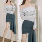 Long-sleeve Cutout-shoulder Top/asymmetric Skirt