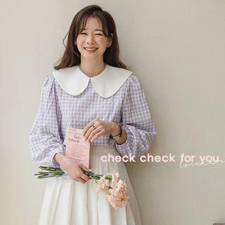 Contrast-collar Gingham Blouse Light Purple - One Size
