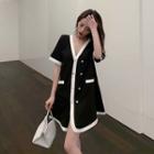 Contrast Trim Short-sleeve Double-breasted Mini Dress